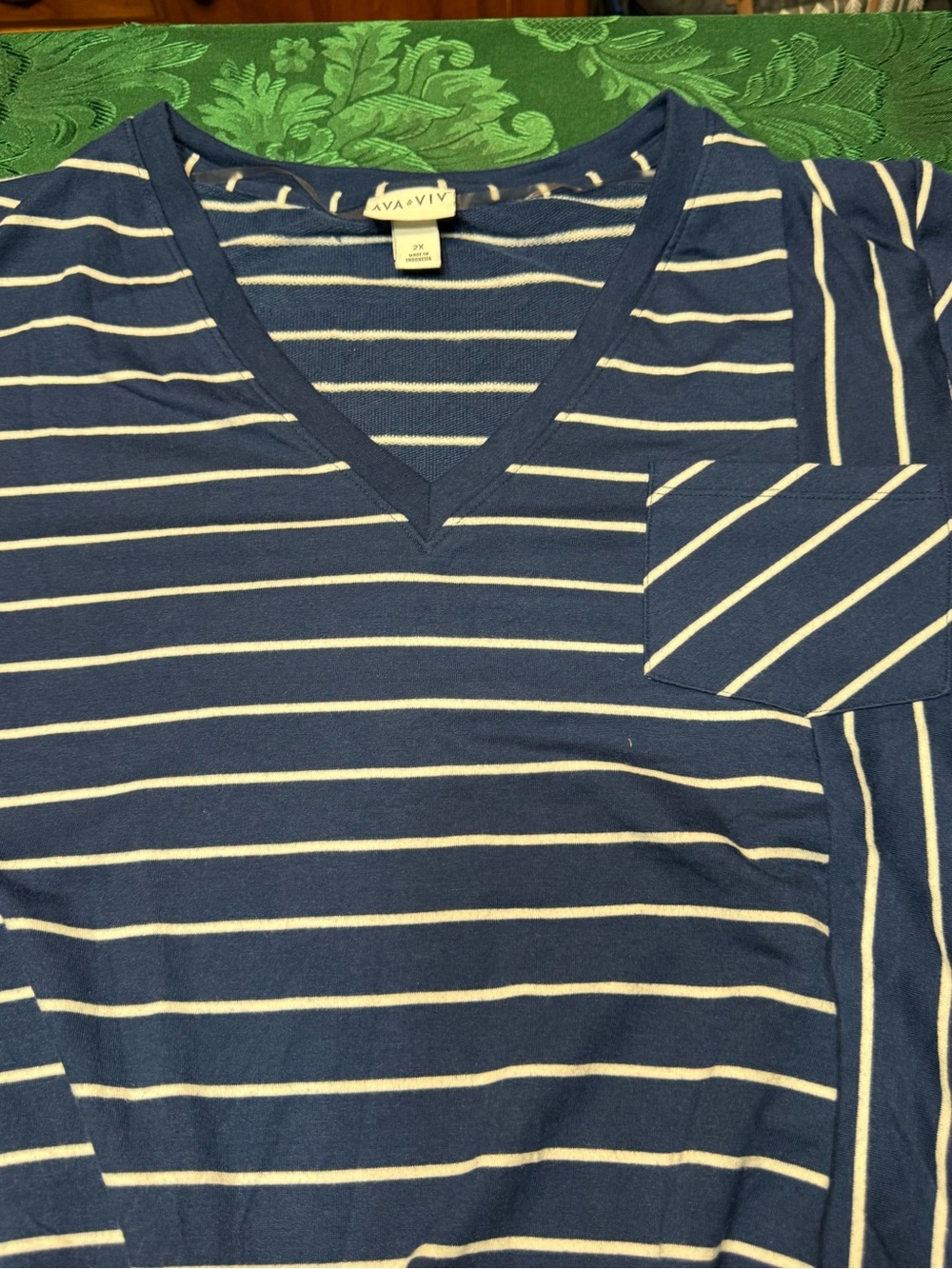 Ava & Viv Navy and White Striped V-Neck Drawstring Tee NWOT - Picture 2 of 8